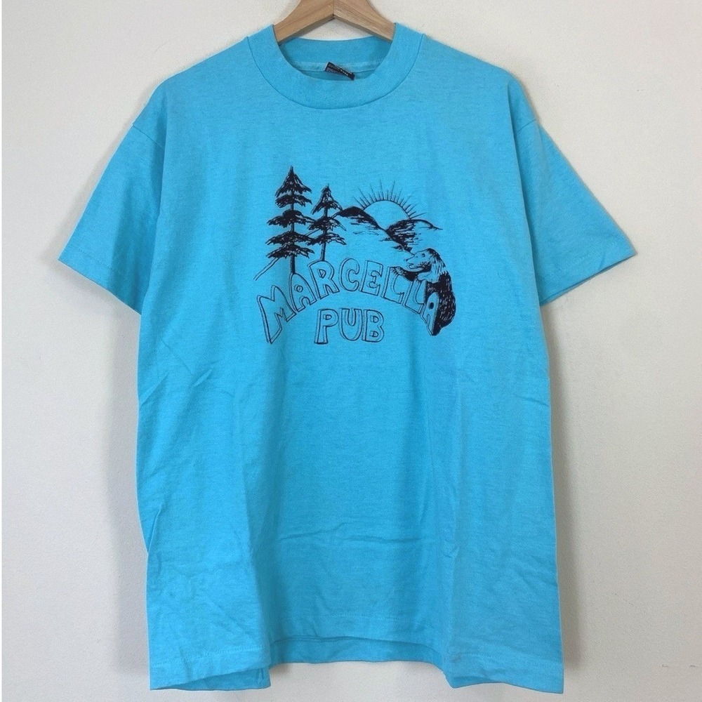 Vintage 90's Marcella Pub Bar Bear Beer Mountain Nature Art Blue Tee Shirt Large